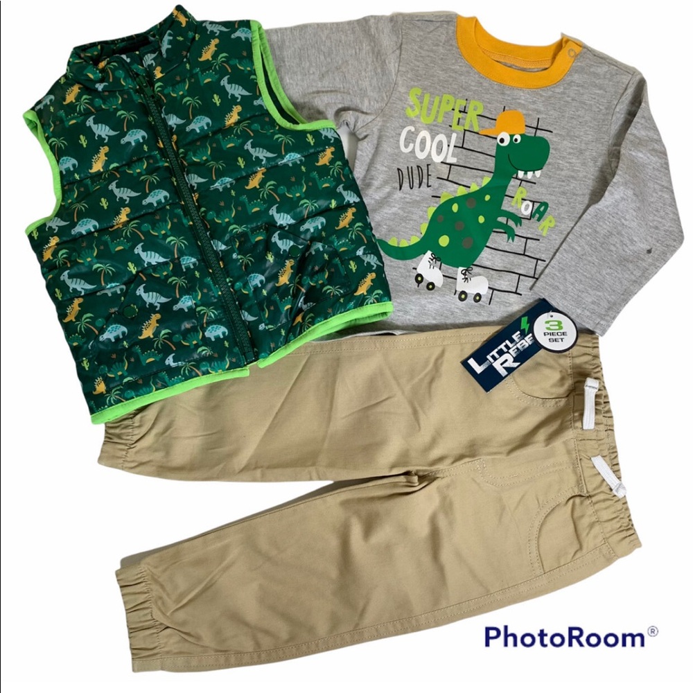 NWT Little Rebels Dinosaur 3pc Set - Puffer Vest, L/S Tee, Twill Jogger Size 18M